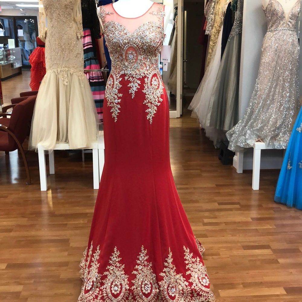 Red gown with rhinestones